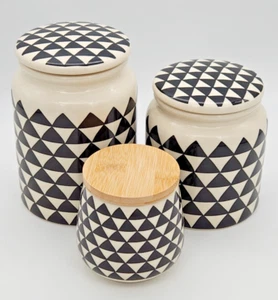 Thyme & Table Medallion Stoneware 6 Piece Canister Set Black/Off White Triangle - Picture 1 of 21
