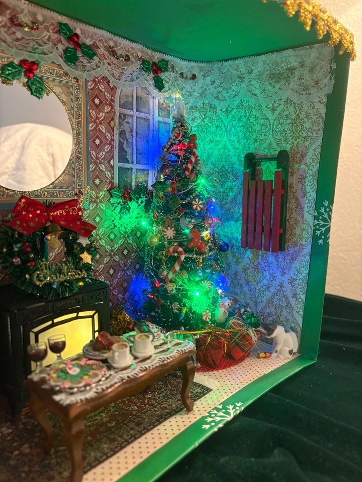OOAK Handcrafted CHRISTMAS DIORAMA With Lit Fireplace and Decorated Tree 1:12 - Image 1 of 4