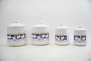 Set of 4 Stoneware Country Goose Duck Blue Bow Kitchen Storage Canister Cottage - Bild 1 von 10