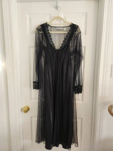 Delicates Shadowline Women's Peignoir Nightgown Set SZ M Black Vintage 2 Pc Set - Picture 1 of 12