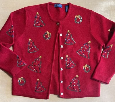 Karen Scott Christmas Tree & Wreath Wool Cardigan Sweater Womens PM Embroidered - Image 1 of 4