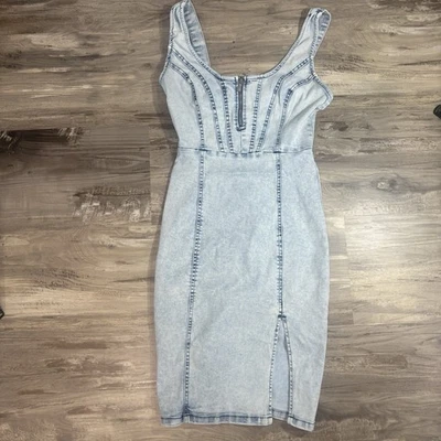 GUESS Light Wash Denim Bodycon Mini Dress Sz S Front Zip Slit Y2K Acid Wash - Image 1 of 4