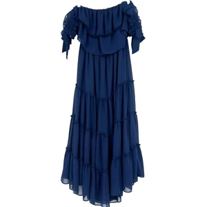 MISA Los Angeles Off The Shoulder Tiered Midi Dress Navy Blue Flounce Size L - Picture 1 of 11