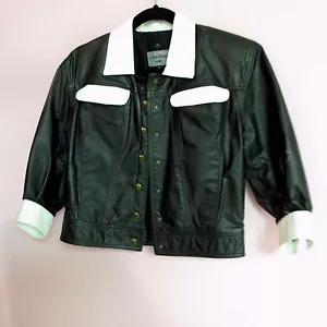 Chaqueta Bombardero de Cuero Vintage LOUIS FERAUD Niñas Negra y Blanca Talla Pequeña - Imagen 1 de 5