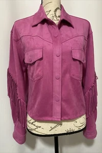 GLAM Western Fringe Soft Faux Suede Snap Jacket Coat Sz M Pink Cowgirl Ranch - Picture 1 of 23