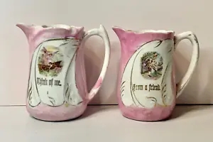Antique Victorian Jugs x 2 - 19th Century Handpainted Gilded Text Giftware Rare - Picture 1 of 18