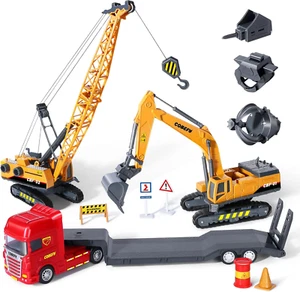 Kids Construction Toys for Boys, Excavator and Crane Trucks, Semi Truck Trailer  - Picture 1 of 12