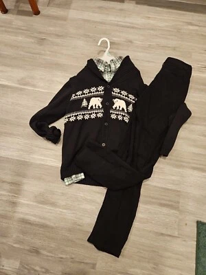 Janie and Jack Boys Christmas holiday Sweater and shirt sz 12 TcP Black Pants - Image 1 of 2