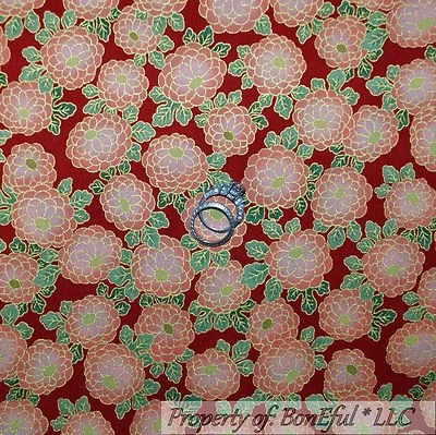 BonEful FABRIC FQ Cotton Quilt Red Green Gold Leaf Asian FLOWER Garden Victorian - Image 1 of 4