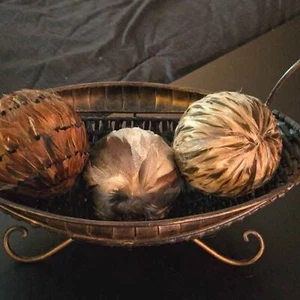 Home Decor Feathered Spheres in a Beautiful Oval shaped Metal & Wicker Basket. - Picture 1 of 9