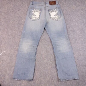 Ed Hardy Jeans 32x34 Y2K Totenkopf Stickerei helle Waschung Knopfleiste - Bild 1 von 12