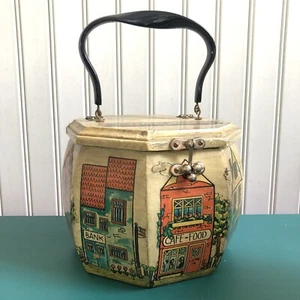 Vtg Decoupage Wood Box Purse Lucite Handle Village Shops OOAK Unique Artsy Funky - Picture 1 of 12