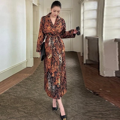 Cloak Slim Leopard Print Long Trench Coat Women's New Lapel Belted Windbreaker  - Image 1 of 4