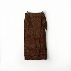 Lauren Ralph Lauren Sz 12 100% Silk Paisley Print Brown Long Maxi Wrap Skirt - Picture 1 of 6