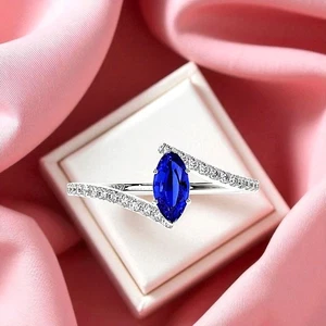 1.25 Ct Marquise Lab Created Blue Sapphire Gemstone Diamond Ring 950 Platinum - Picture 1 of 6