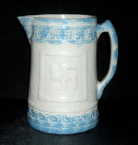 Tall Novel Blue & White Spongeware Pitcher - Embossed Good Luck Sign - Stoneware - Picture 1 of 3