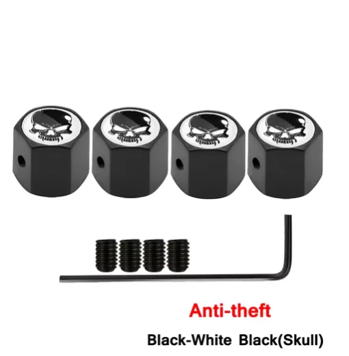 Tapas de vástago de válvula antirrobo para automóviles, camiones, motocicletas calavera blanco y negro Foto 1 de 4
