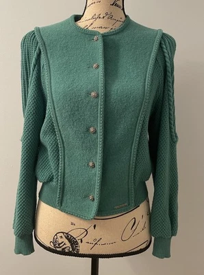 Geiger Boiled Wool & Cable Knit Cardigan Sweater, Green, Sz EU40/US 10, Waist - Image 1 of 4