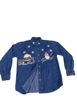 Vintage New Direction Cotton Denim Christmas Shirt Women’s Size Small Snowman - Image 1 of 4