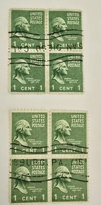 2X PLATE BLOCK OF 4 ONE CENT STAMPS. GREEN GEORGE WASHINGTON. USED. - Image 1 of 4
