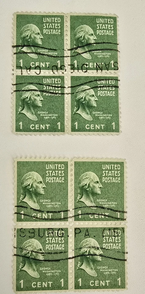 2X PLATE BLOCK OF 4 ONE CENT STAMPS. GREEN GEORGE WASHINGTON. USED. - Image 1 of 4