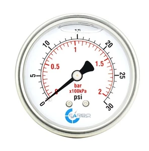 2"  Pressure Gauge, Stainless Steel Case, Liquid Filled, Back Mnt, 30 Psi - Picture 1 of 4