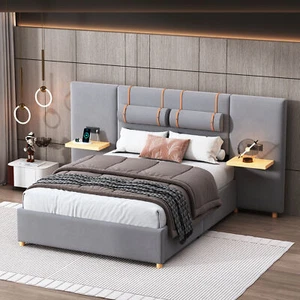 Full size upholstered platform bed two outlets USB charging ports both sides two - Picture 1 of 19