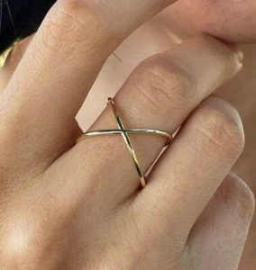 Womens Criss Cross X Ring Solid Metal 925 Sterling Silver 14k Yellow Gold Plated - Picture 1 of 5
