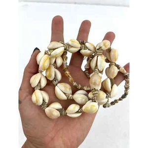 VTG Cowrie Shells Natural Seashells Beaded Long Necklace Handmade 32" - Picture 1 of 8