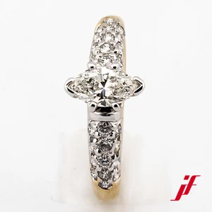 Ring Solitaire Ring Akzentbesatz 585/14K Gold Diamonds Navette Size 52,5 - Picture 1 of 4