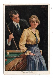 MAN & WOMAN STAND NEXT TO BILLIARDS TABLE, ARTIST IMAGE "VERLORENE PARTIE" 1910s - Picture 1 of 2