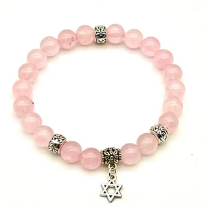 Handmade 8mm Pink Quartz & Silver Bead Gemstone Jewish Star of David Bracelet - Picture 1 of 4