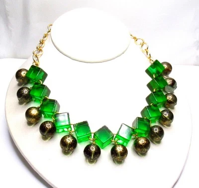 Vintage Candy Apple Green Pyrstal Bakelite Necklace Bib Signed - Image 1 of 4