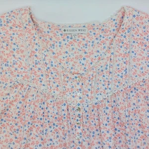 Camicia da notte donna Eileen West manica cappuccio lunghezza ginocchio grande bianco blu fiori - Foto 1 di 7