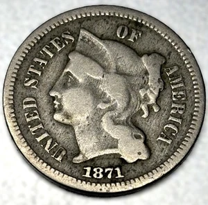 1871 Three Cent Nickel Piece 3C Ungraded Choice Early US Type Coin - 0238 - Picture 1 of 3