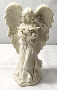 Statuina angelo di Natale colombe uccellini 8" ali scintillanti statua ceramica bisque - Foto 1 di 11