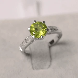 Peridot Solitaire Women Ring Natural Gemstone Round Cut 925 Sterling Silver - Picture 1 of 4