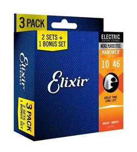*3 SETS ELIXIR NANOWEB 12052 NICKEL PLATED ELECTRIC GUITAR STRINGS LIGHT -10-46* - Picture 1 of 3