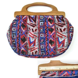 Vintage 80s Wood Handle Fabric Knitting Bag Hidden Ruler Tote Crafts 14x16.5" - Picture 1 of 13