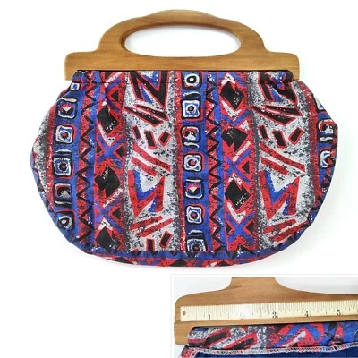 Bolso de Tejer de Tela con Mango de Madera Vintage Años 80 Regla Oculta Artesanía 14x16.5" Foto 1 de 4