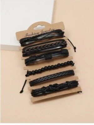 6pcs Set Men Black PU Leather Beaded Wooden Wristband Bangle Bracelet Cuff Gift - Image 1 of 4