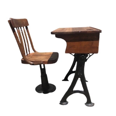 Antique Oak Cast Iron Wooden School Desk / Chair Adjustable Circa 1903-1910 Cover