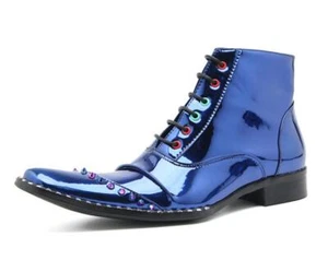 Men's Fashion Square Toe Rivet Lace Up Ankle Boots Party Patent leather Shoes - Picture 1 of 8
