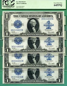 CUT SHEET - FOUR CONSECUTIVE - FANCY SERIALS - 1923 $1 SC - ALL PCGS CU 64 PPQ - Picture 1 of 5