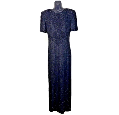 Laurence Kazar Dress M Vtg 80s Silk fully Beaded Gown Black maxi long formal - Image 1 of 4