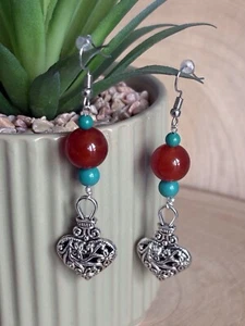 Vintage Style Heart Carnelian Turquoise Drop Earrings Sterling Silver 925 Plated - Picture 1 of 4