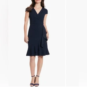 Maggy London Cap Sleeve Ruffle Faux Wrap Elegant Navy Blue Classic Capsule - Picture 1 of 9