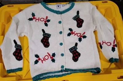 Cárdigan Suéter Vintage Hartstrings Holiday Niñas 7/8 BOTONES Navidad Ho Ho Ho Foto 1 de 4