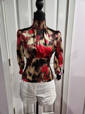 Blusa de seda floral abstracta Bebe vintage para mujer talla pequeña etiqueta nueva Foto 1 de 4