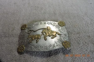 Vintage Frontier Western Rodeo Calf Roping Cowboy On Horse Rosette Belt Buckle - Picture 1 of 6